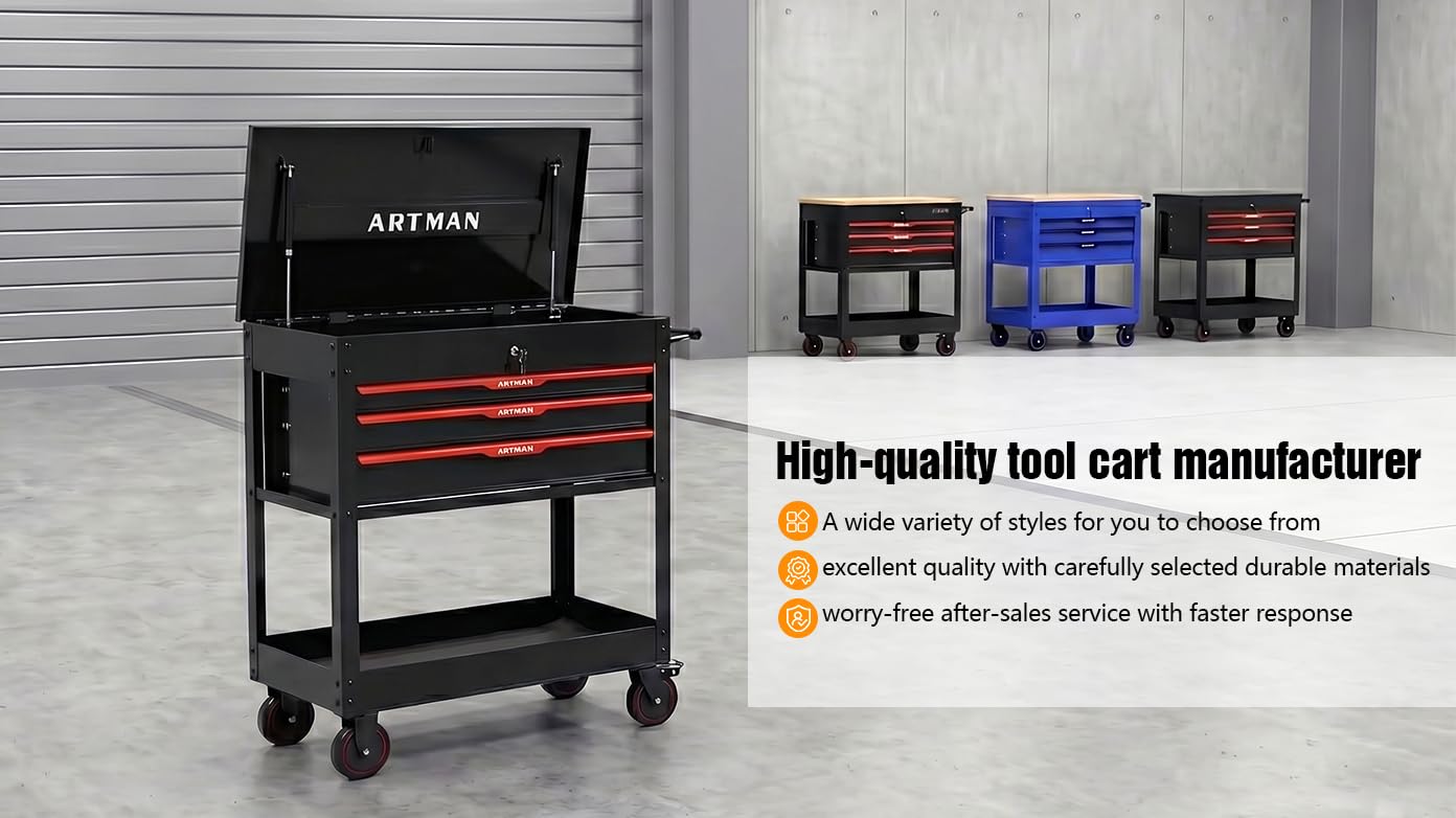 KEIKI 3-Drawer Rolling Tool Cart with Lift-Up Steel Top, Utility Tool Box, Multi-Functional Tool Storage Organizer Cabinet for Garage, Warehouse, Workshop, Repair Shop, Black