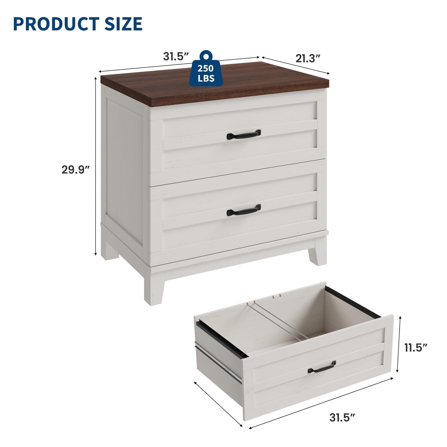 IDEALHOUSE Farmhouse Lateral File Cabinet with 2 Full Extened Drawers, Filing Storage Cabinet for Legal, Letter & A4 Files, Office Organizer w/Thick Desktop, for Home Office, Rustic Brown White