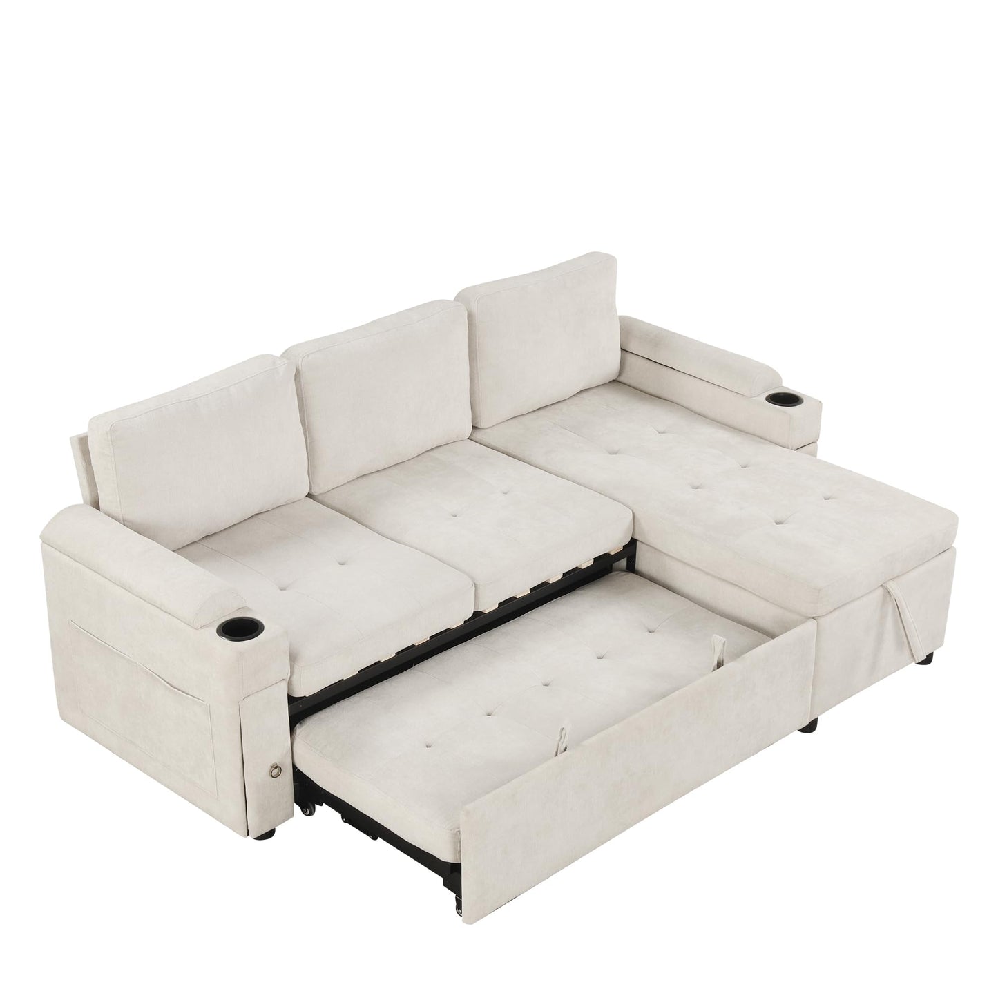 Eafurn 83.5" Sleeper Sectional Sofa with Pull Out Couch Bed, Convertible L-Shaped Sofa with Storage Chaise, Quick Assemble Sleeper Corner Sofa with Cup Holders & USB Ports