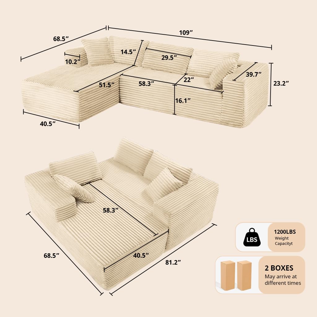 COMHOMA 105”Modular Sectional Sofa with Deep Seat,Cloud Upholstered L-Shape Couch Wide Arms Corduroy Fabric High-Density Foam Chaise Lounge for Living Room No Assembly Required,Beige