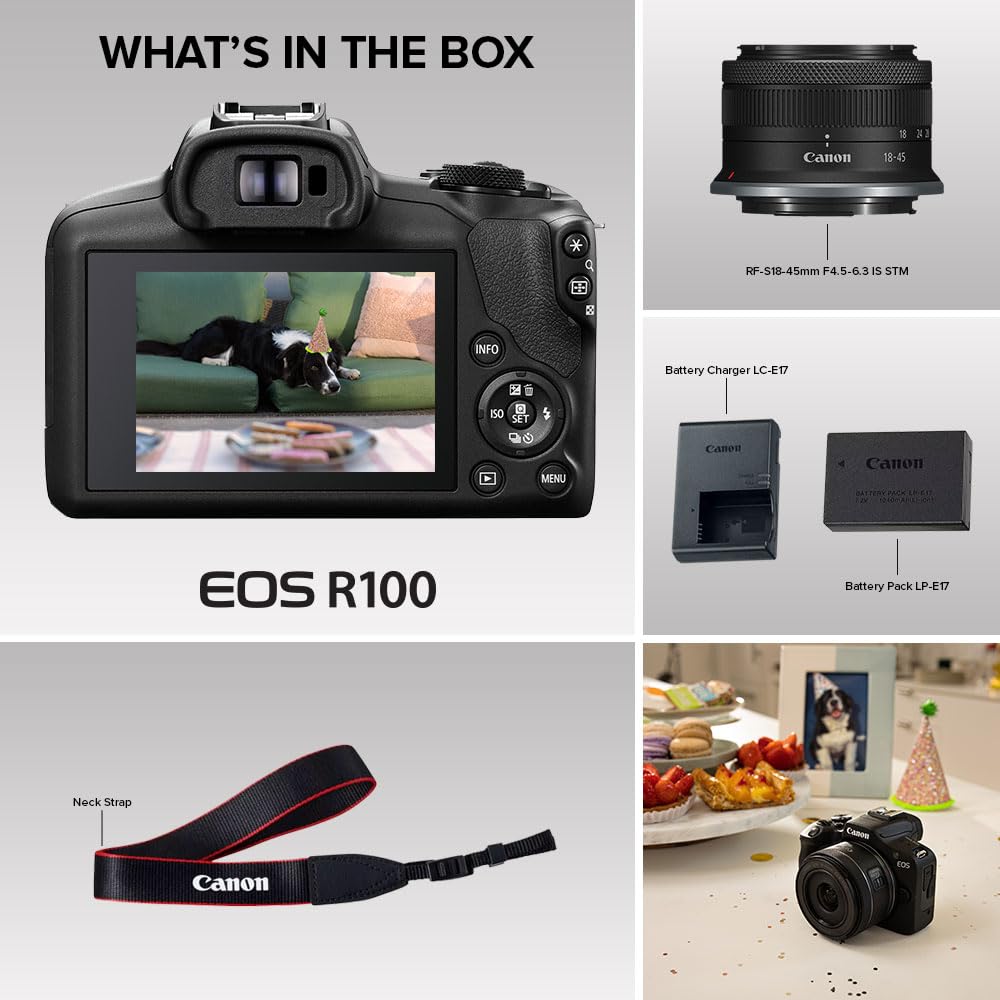 Canon EOS R100 Mirrorless Camera RF-S18-45mm F4.5-6.3 is STM Lens Kit, 24.1 Megapixel CMOS (APS-C) Sensor, 4K Video, Wi-Fi & Bluetooth, Beginner Photographers and Creators, Digital Camera, Black