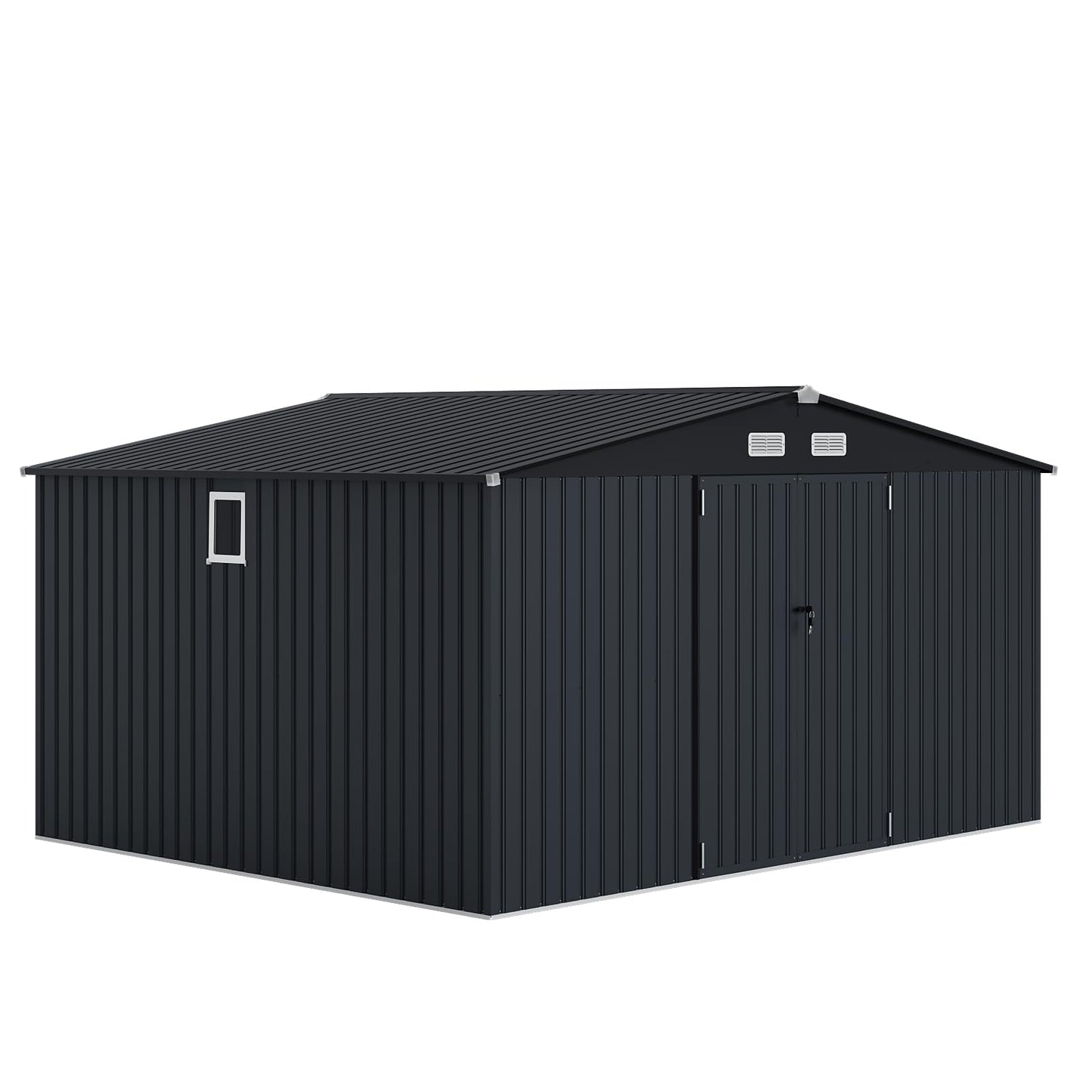 12x10 FT Outdoor Storage Shed with Windows and Solar LED Light, Large Waterproof Metal Garden Shed with Lockable Double Doors, Vented Sloped Roof for Backyard Lawn Patio, Dark Gray