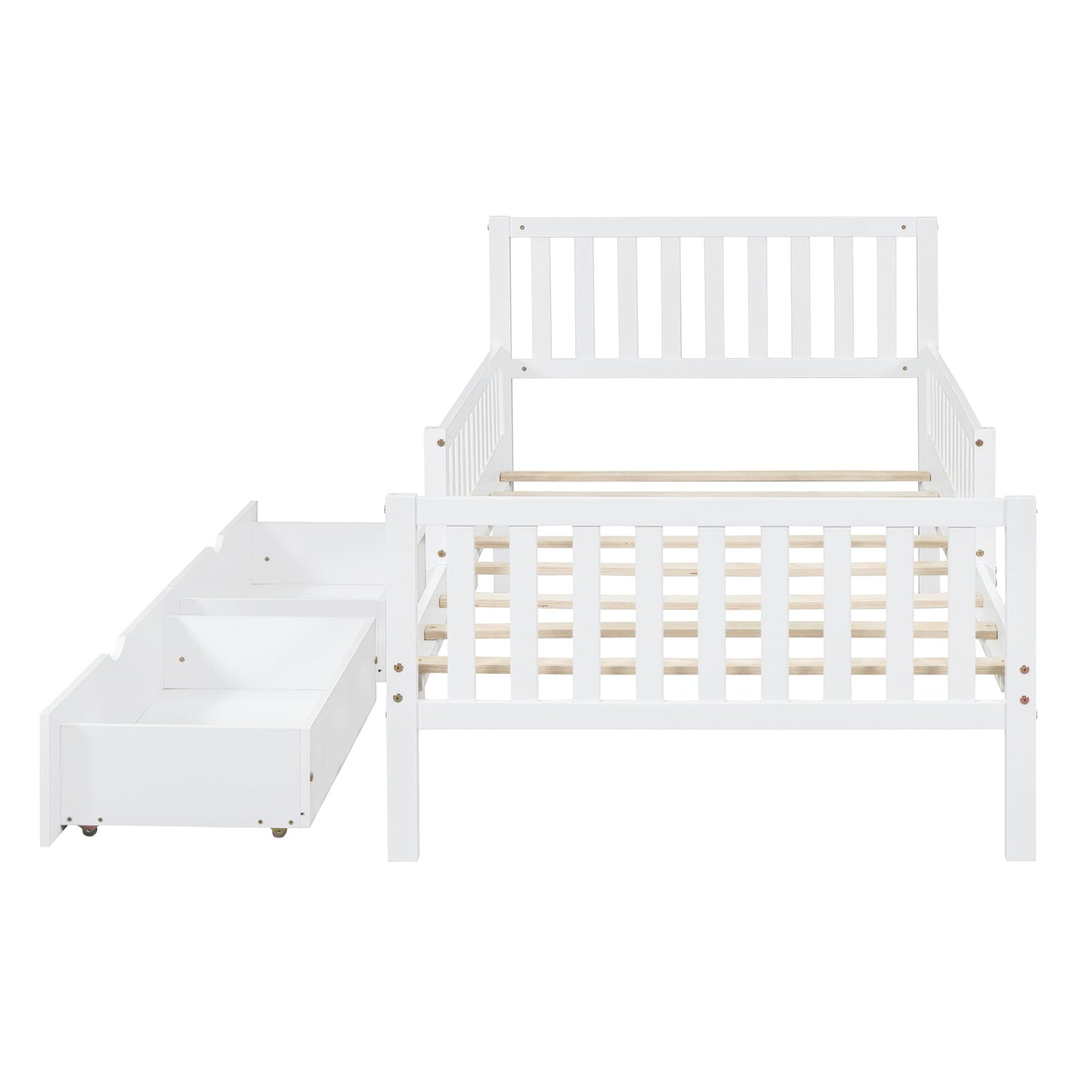 Merax Twin Size Platform Bed with 2 Storage Drawers and Both Sides Guardrails, Wood Bed Frame for Bedroom, Guest Room, No Box Spring Needed, White
