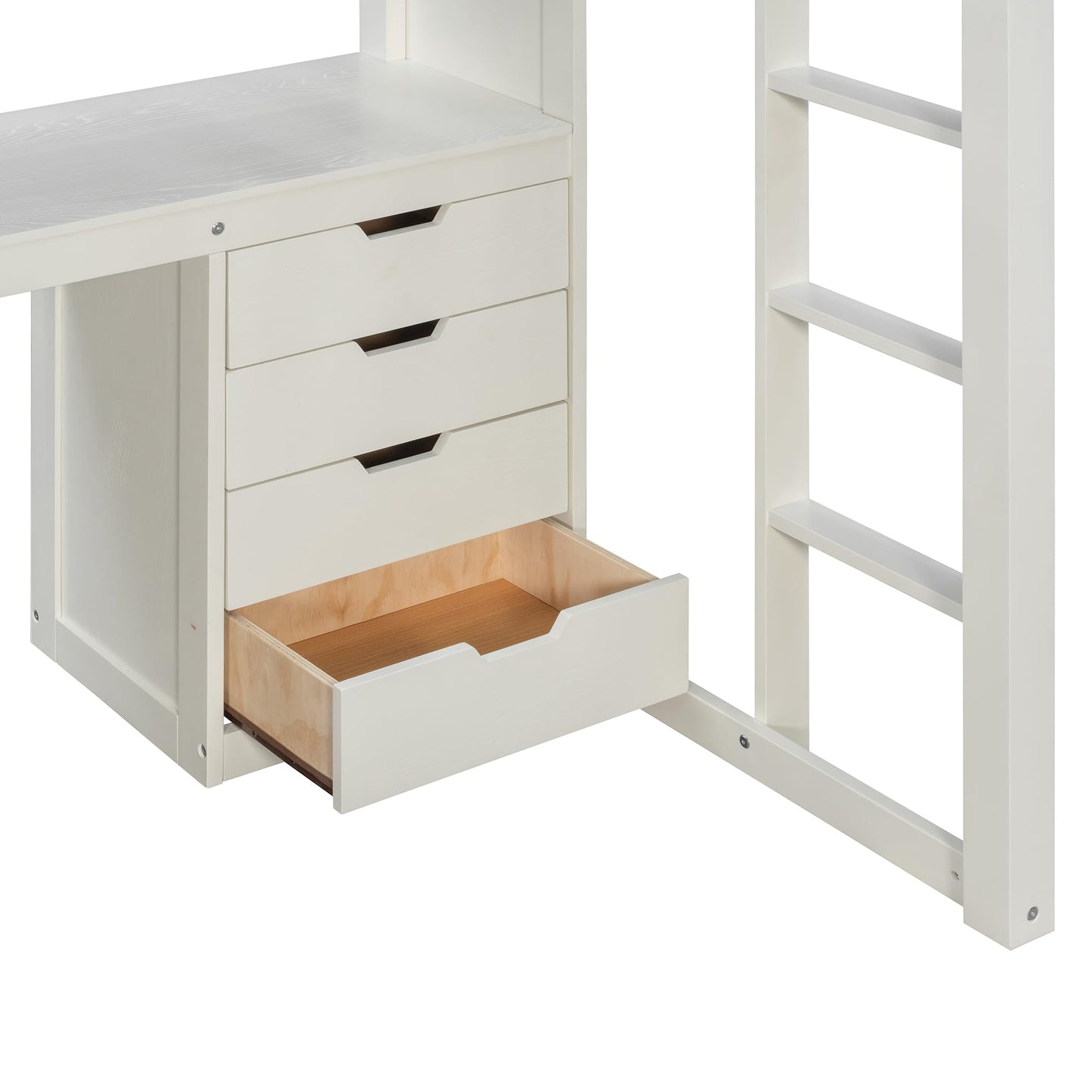 Merax Wood Twin Loft Bed with Desk & 4-Tier Bookshelf & 4 Drawers & Top Storage Shelves, Ash Veneer Bed Frame with Guardrails, Smart APP Control Light Strip, USB Charging Ports, Bear 400lbs, White