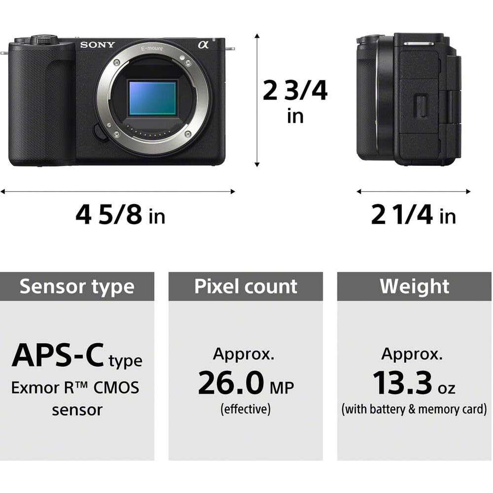 Sony ZV-E10 Mirrorless Camera with 16-50mm Lens Bundle (Black) | 24.2MP APS-C Sensor, Real-Time Eye AF, 4K Video & Flip Screen | For Vlogging & Content Creation (ILCZV-E10L/B) + 64GB Card + Bag + More