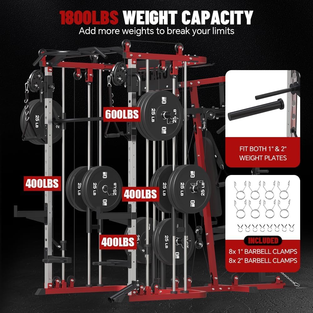 FAGUS H All in One Home Gym System Workout Station with Weight Bench, Multi-Function Smithe Machine Power Cage with Cable Crossover, Tripe-Sided Independent Load Posts Functional Trainer, Black & Red