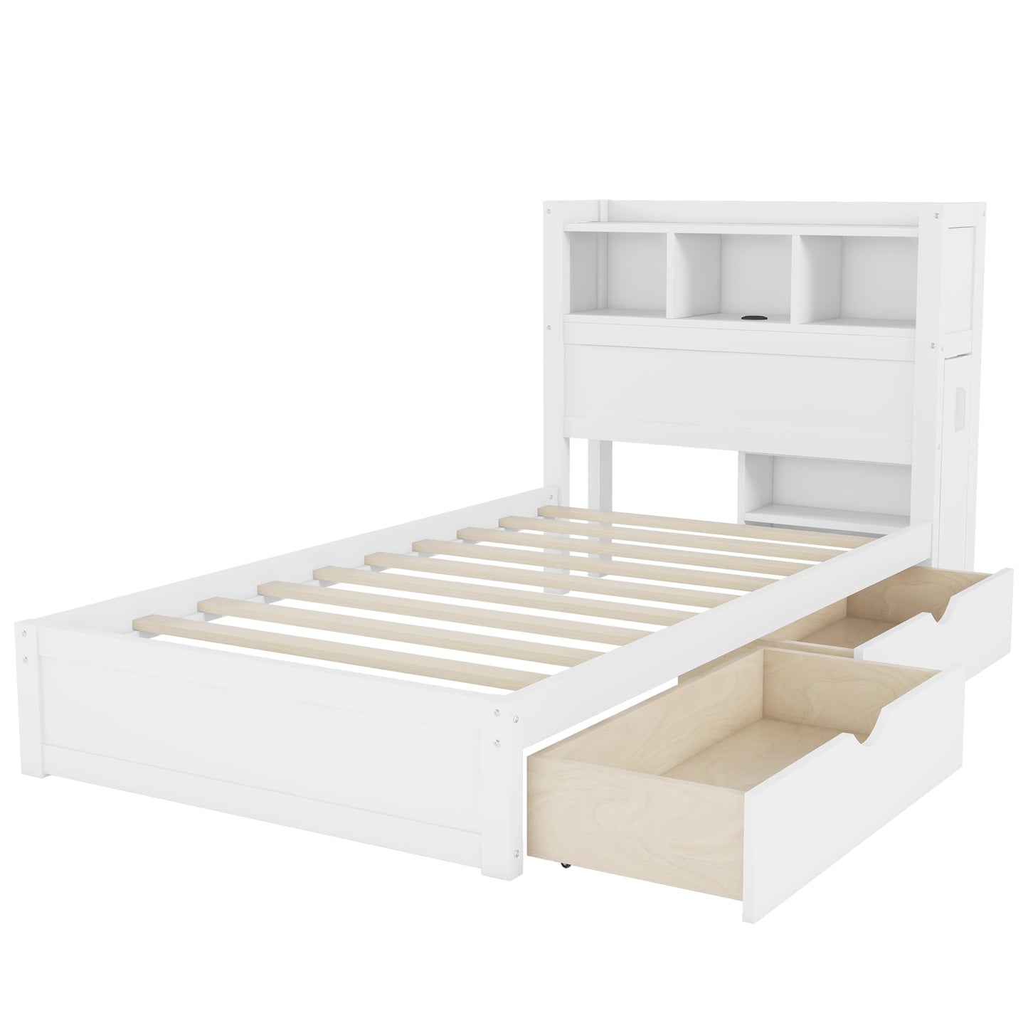 KEIKI Twin Size Wood Platform Bed Frame with Storage Headboard & Pull Out Storage Cabinet & 2 Drawers, Modern Bed with Solid Slats & Socket, No Box Spring Required, Easy Assembly, for Bedroom, White