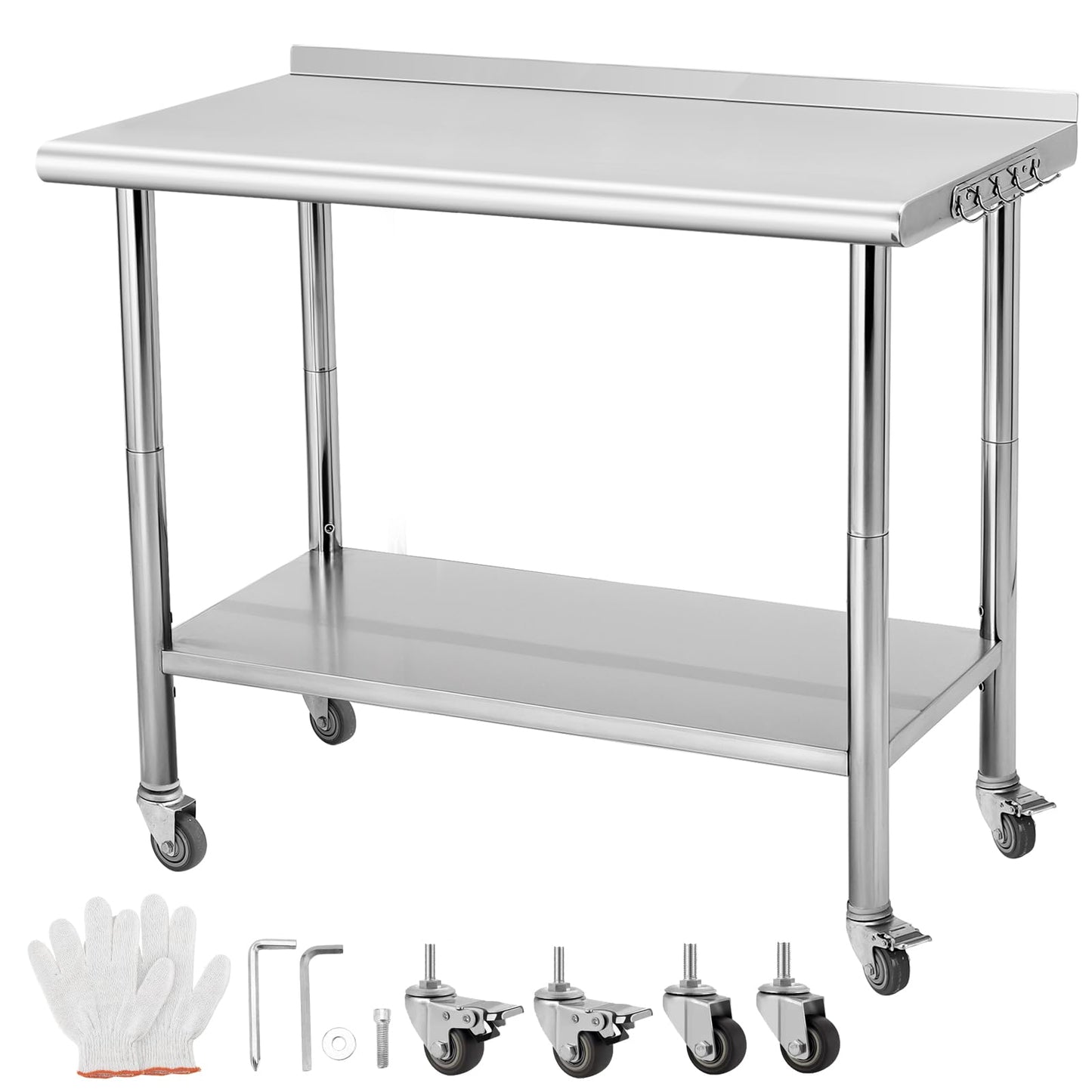 NSF Stainless Steel Table for Prep & Work, 48" x 24" with Adjustable Undershelf and Hooks, Commercial Heavy Duty Table for Restaurant, Home and Hotel