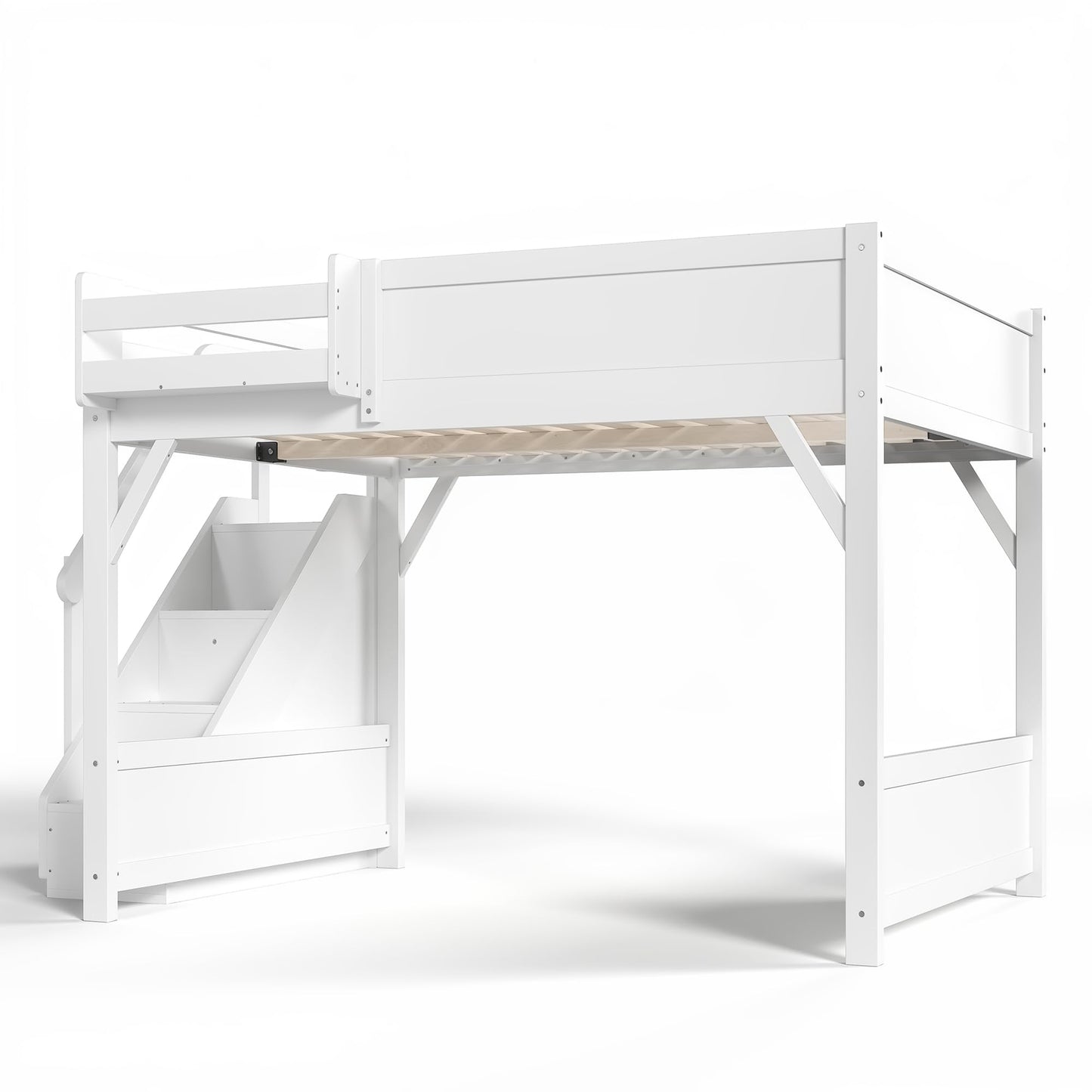 KEIKI Solid Wood Queen Size Loft Bed Frame with Stairs, Built-in Wardrobe and Storage Space, Queen Loft Bed with Shelves, Queen-Length Guardrails, No Box Spring Needed for Bedroom, Light White