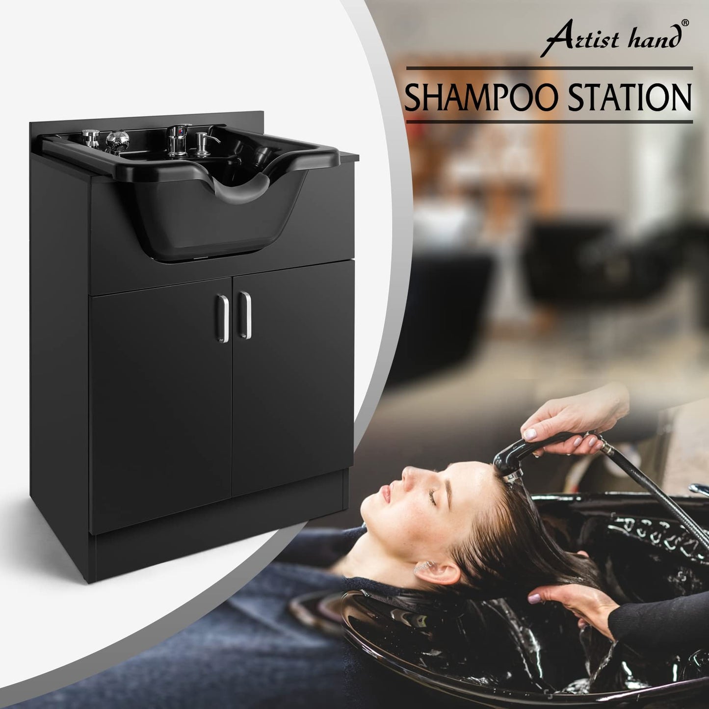 Artist hand Shampoo Backwash Sink Station with Shampoo Bowl Shampoo Station, Backwash Sink Chair Spa Salon Beauty Equipment, Used with Barber Chair and Shampoo Chair(Black)