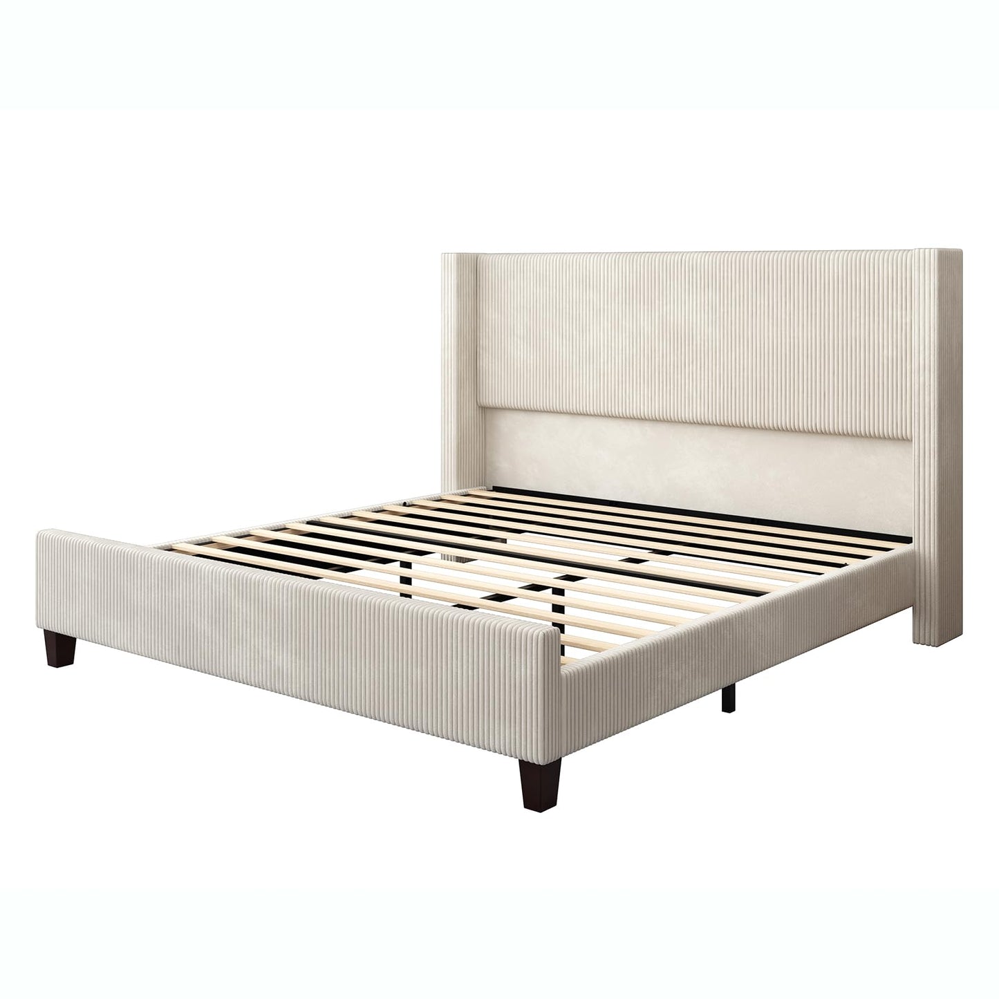 AMERLIFE Queen Size Upholstered Bed Frame with 50.8" Tall Headboard, Wingback Platform Bed with Solid Wood Legs, Wooden Slats, Corduroy/No Box Spring Needed/Noise Free/Cream