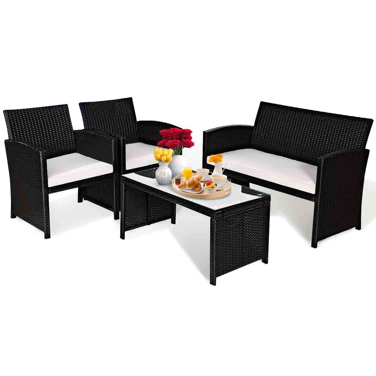 Tangkula Patio Wicker Conversation Furniture Set, Patiojoy Sofa & Table Set w/4 Seats, Outdoor Rattan Sofa Set for Balcony Backyard, Wicker Chair Set with Tempered Glass Coffee Table (1, White)
