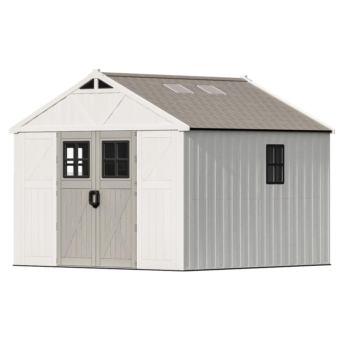 Patiowell 10x10 FT Outdoor Storage Shed, Plastic Shed with Floor and Skylight, Four-Window Resin Storage Shed with Lockable Door for Garden, Patio, Backyard, Beige