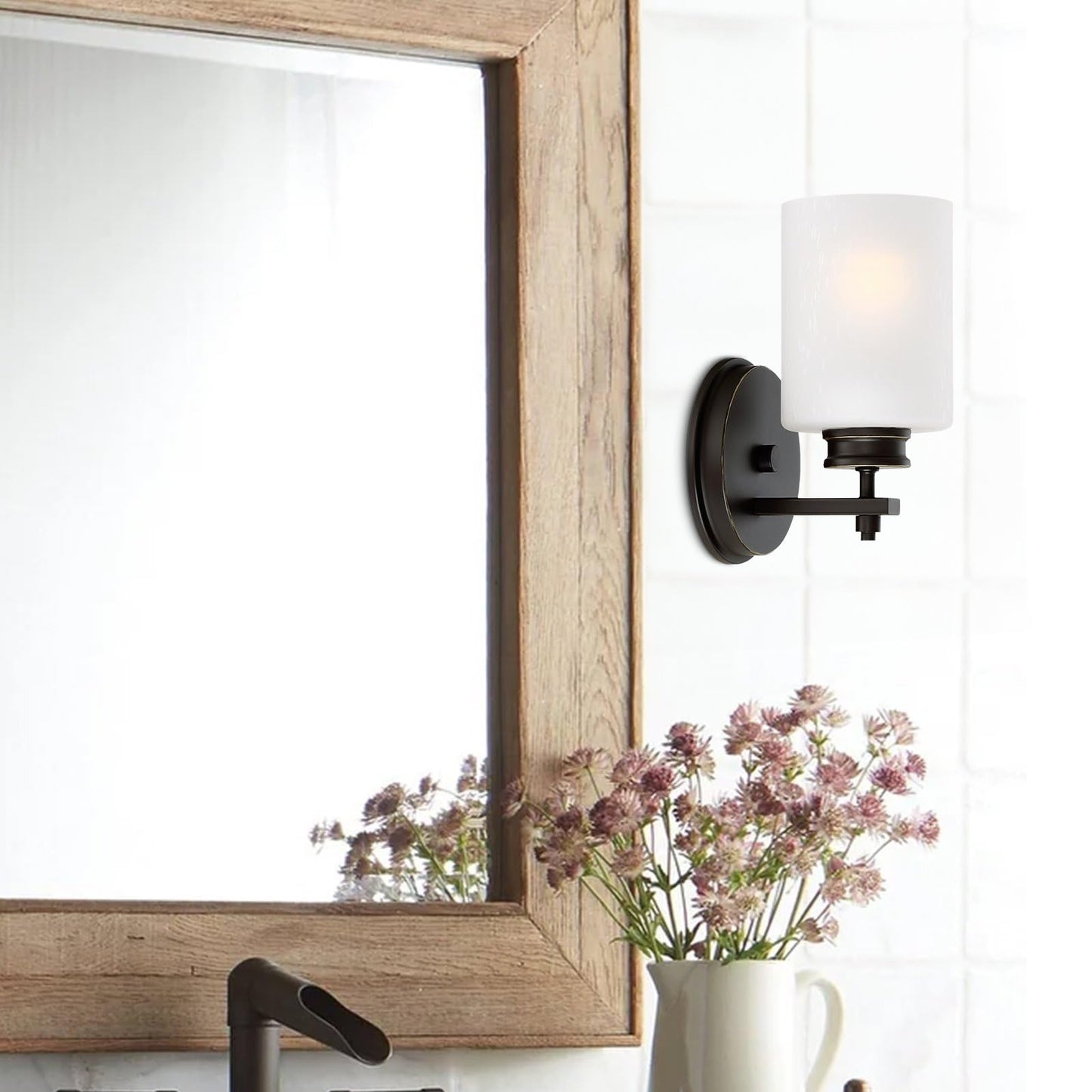 Kira Home Phoebe 8in Wall Sconce, Frosted Seeded Glass Shade, Oil-Rubbed Bronze Finish, Model RV-W1368-OB