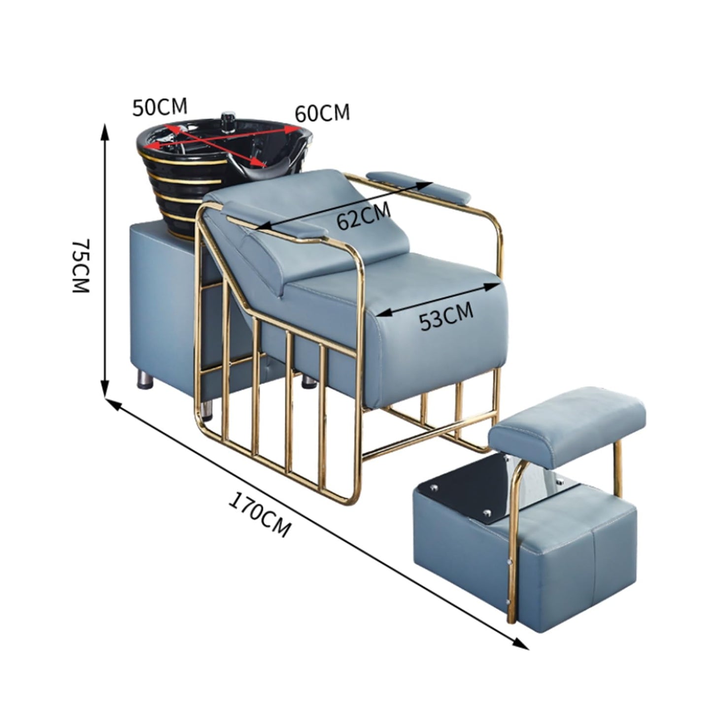 Shampoo Bowl and Chair Set for Salon, Lay-In Shampoo Backwash Unit with Separate Footstool & Metal Legs, High-Rebound Sponge for Spa Beauty Barbershop(A)