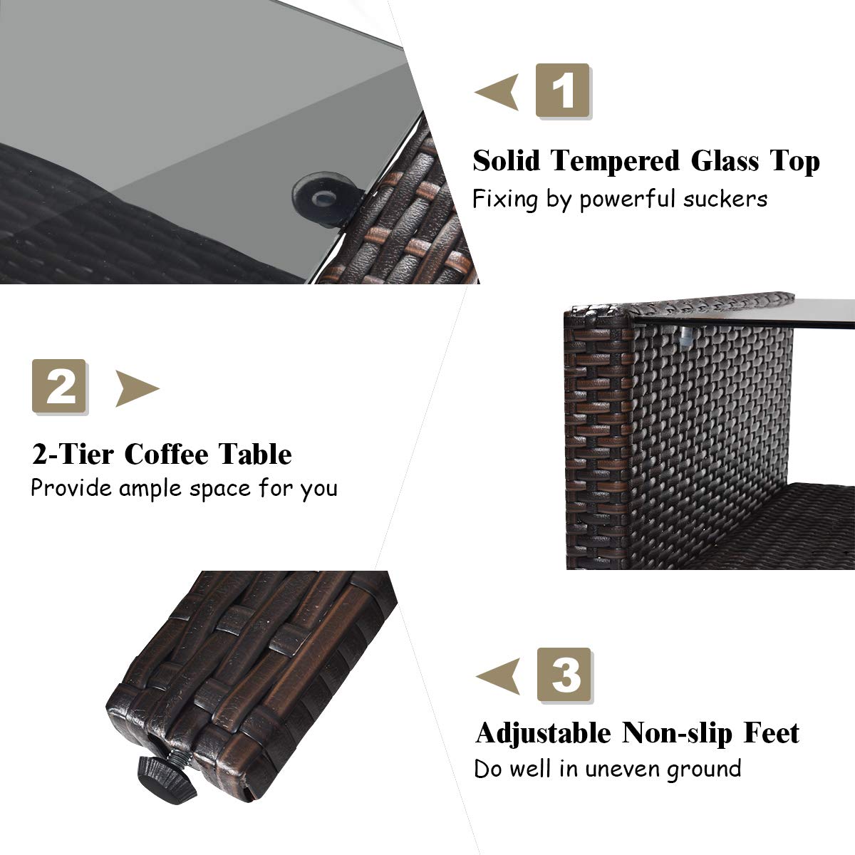 Tangkula 4 Piece Patio Furniture Set, Outdoor Wicker Conversation Set with Glass Top Coffee Table, All Weather Proof and Thick Cushions, Suitable for Porch, Garden, Poolside and Lawn (Brown)