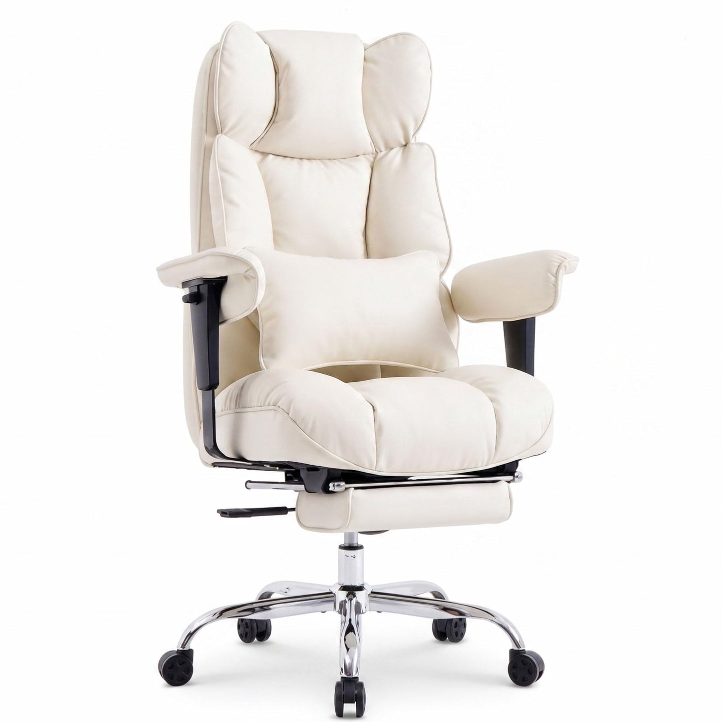 Efomao Big and Tall Office Chair 400lbs - Heavy Duty Reclining Desk Chair with Footrest, Spacious High Back PU Leather Executive Chair, Double-Layer Spring Support, White