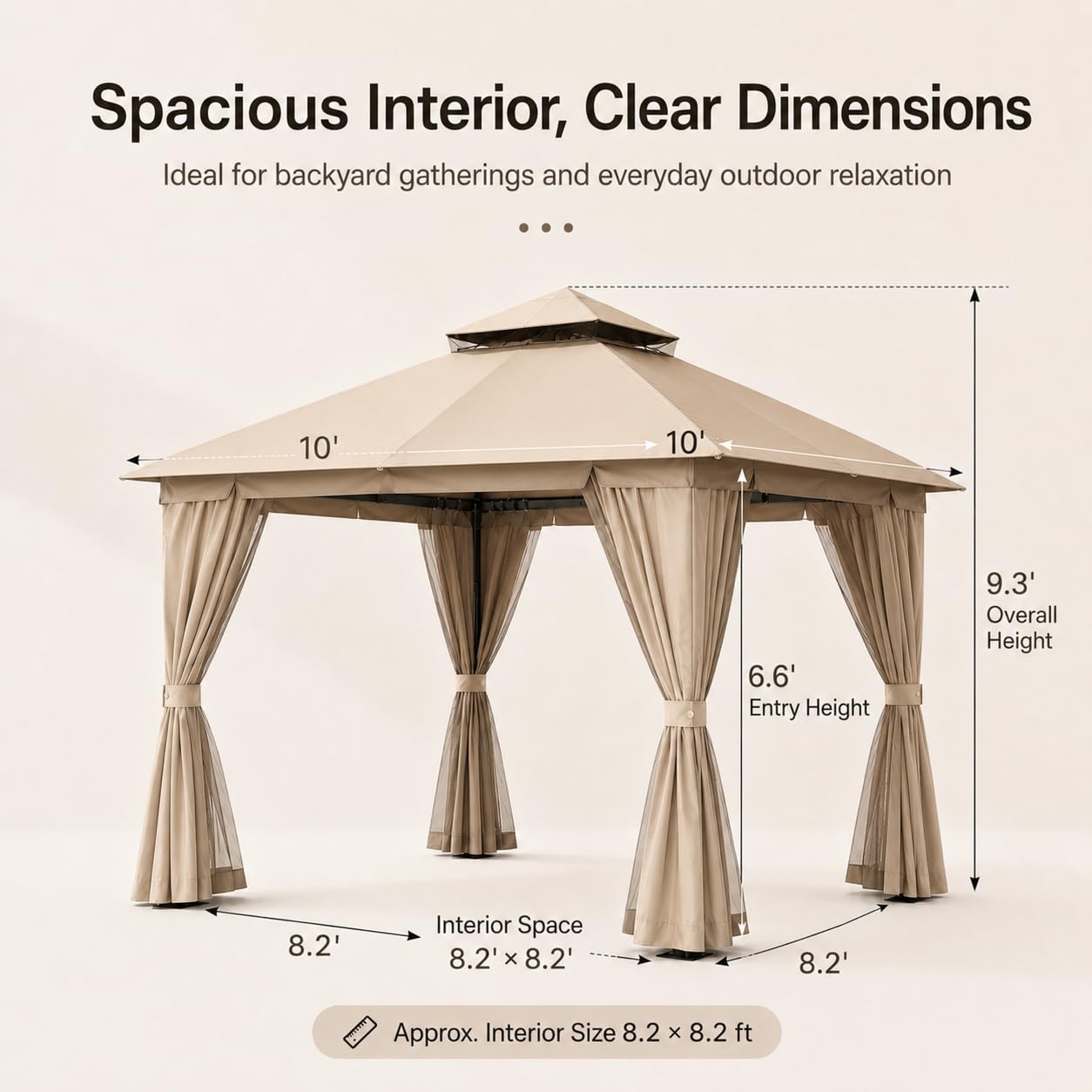 Kingdura 10'x10' Outdoor Gazebo, Heavy Duty Metal Patio Canopy Tent Shelter with Double Roof, Mosquito Netting & Privacy Curtains for Backyard, Garden, Deck, Lawn, Khaki
