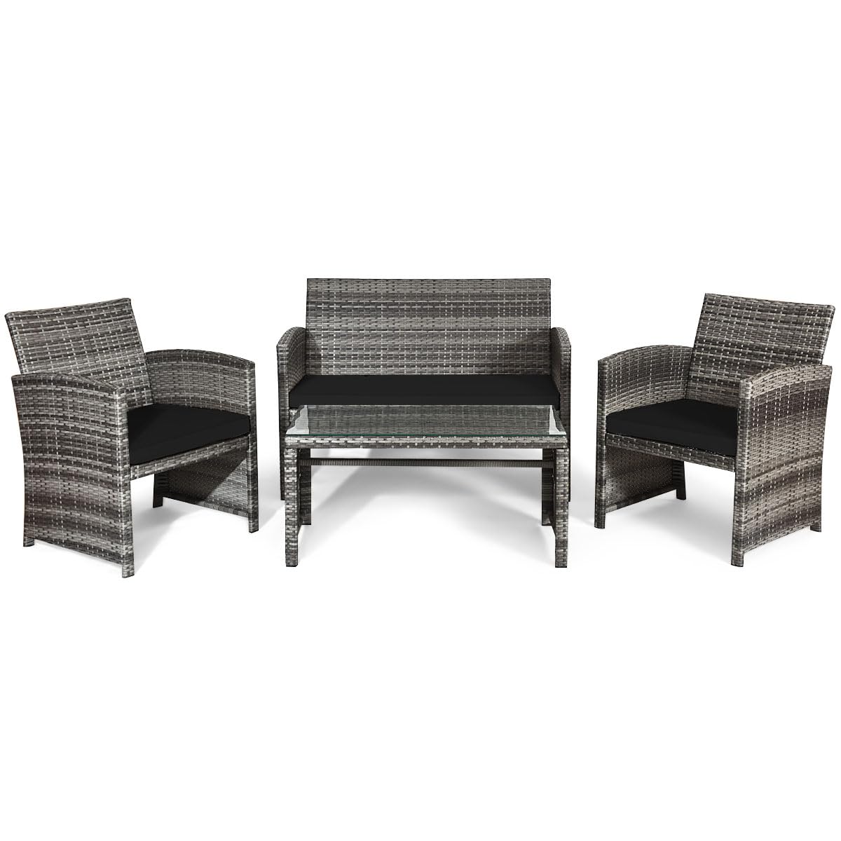 Giantex 4 Pc Patio Conversation Set, Rattan Loveseat & Patio Chairs with Cushioned Seat, Wicker Coffee Table, Outdoor Furniture Set for Front Porch Poolside Garden Lawn