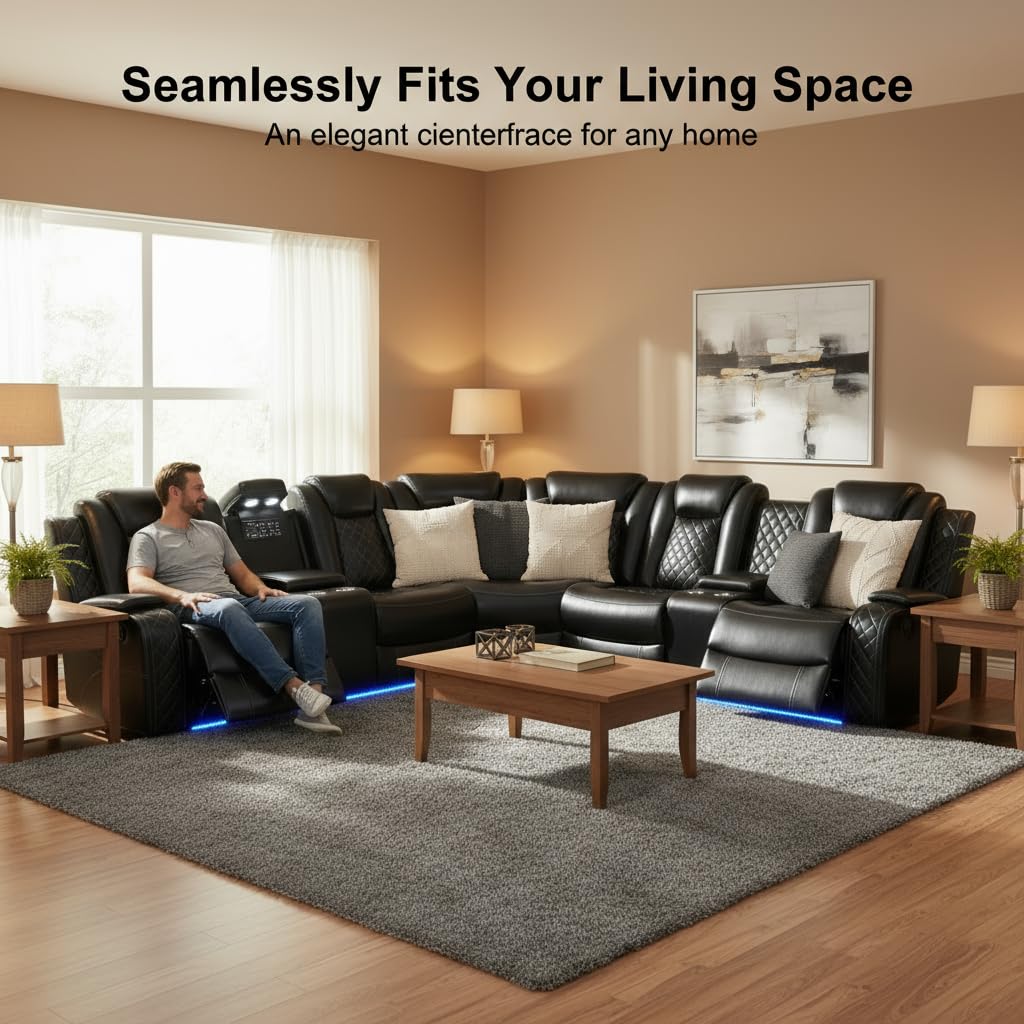 Trygoal Power Reclining Sectional Sofa Set, L-Shaped Leather Sectional Couches for Living Room, Home Theater Seating with Cup Holder, Modern Power Recliner Sofa Sets with LED Lights, Net Design, Black