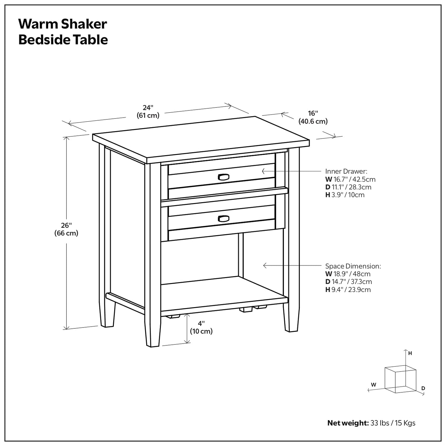 SIMPLIHOME Warm Shaker Bedside Table - 24 inch Wide Solid Wood Nightstand in Black, Transitional Bedroom Side or End Table with 2 Drawers, Open Shelf Storage and Bronze Hardware