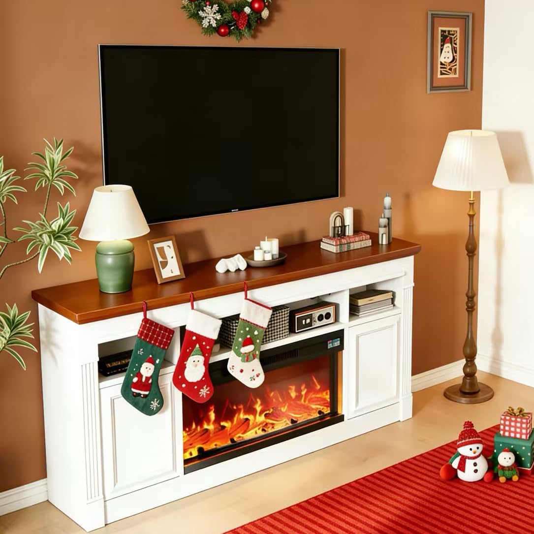 IDEALHOUSE 58 Inch Fireplace TV Stand,Wooden Entertainment Center with 30 Inch Fireplace, Farmhouse Media Console with Storage Cabinets for Living Room, White&Brown