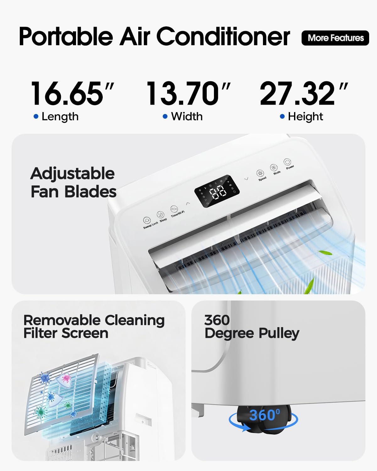 Snocod Portable Air Conditioners, 16000 BTU Cooling for 800 Sq ft, 5-in-1 with Drainage-Free Cooling, Fan, Dehumidifier, Sleep Mode, APP & Remote Control, Quiet 40 dB, Window Installation Kit