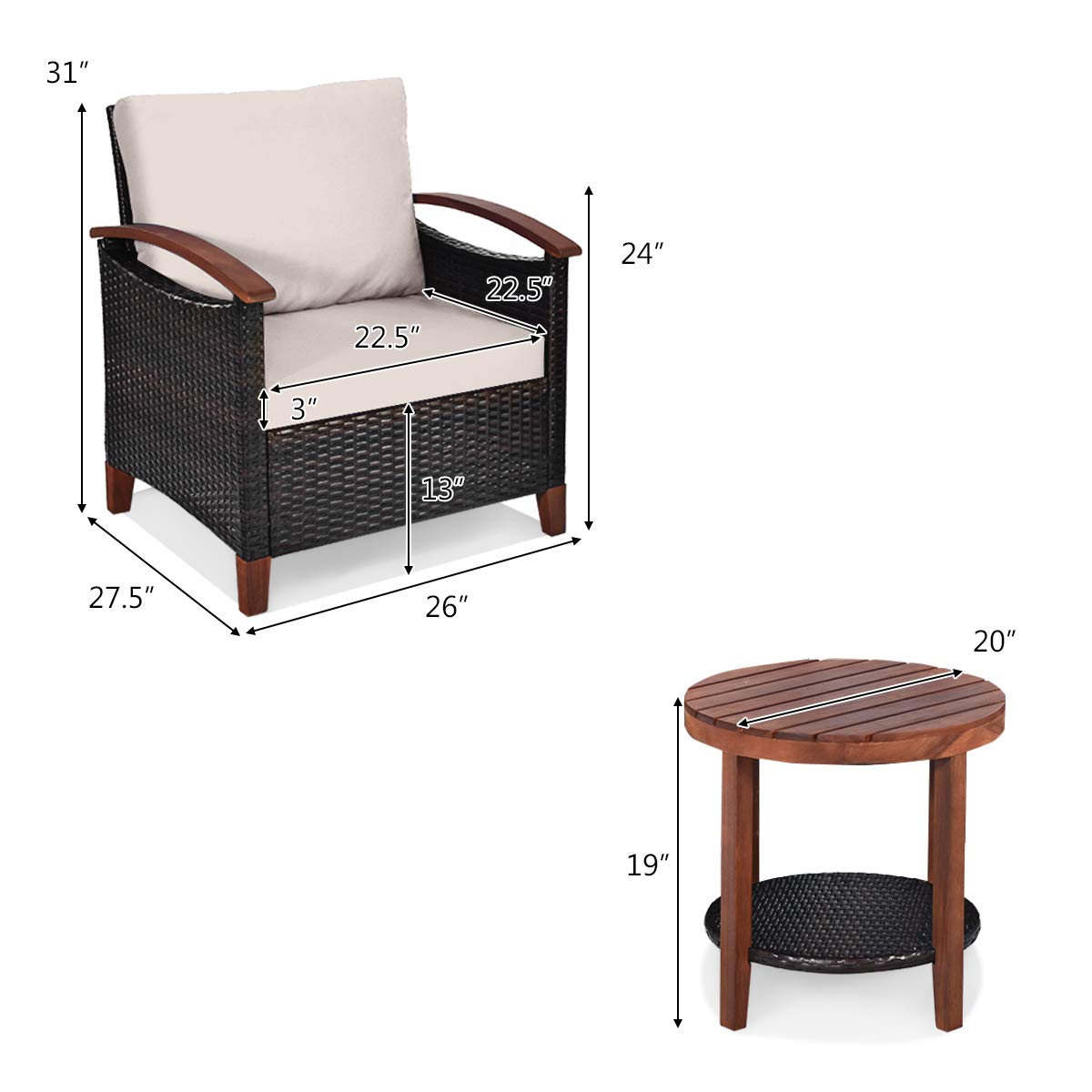 HAPPYGRILL 3 Pieces Patio Conversation Set Outdoor Rattan Wicker Sofa Set with Cushion & Acacia Wood Frame, Coffee Table and Chairs Set for Garden Poolside Balcony