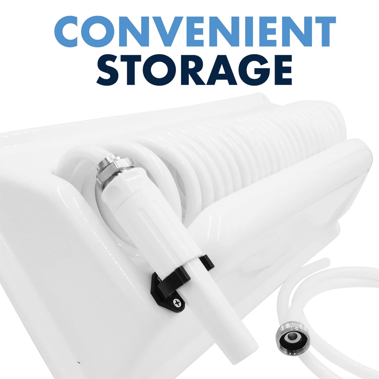 T-H Marine Pressure Wash Hose Station - 25' Coiled Hose, 5' Supply Hose, Brass Fittings, Mountable Holder, Marine Cleaning and Outdoor Storage, White
