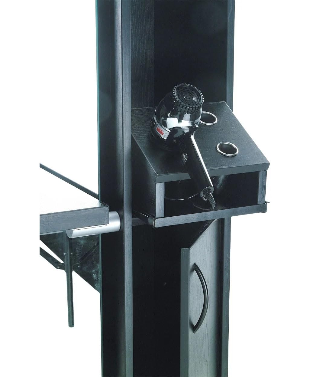 Buy-Rite Allegro Hair Styling Station, Black Salon Cabinet with Full-Length Mirror, Slide-Out Appliance Organizer, Quick-Access Tool Holder, 9 Storage Compartments, OD-1903B-BLK
