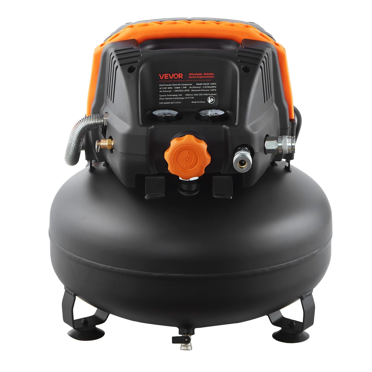 VEVOR 6 Gallon Air Compressor, 1.7HP 2.3CFM@90PSI Portable Pancake Air Compressor & 150PSI Max Pressure, 12-Piece Accessory Kit with 25FT Air Hose for Tire Inflation, Spray Painting, Woodwork Nailing