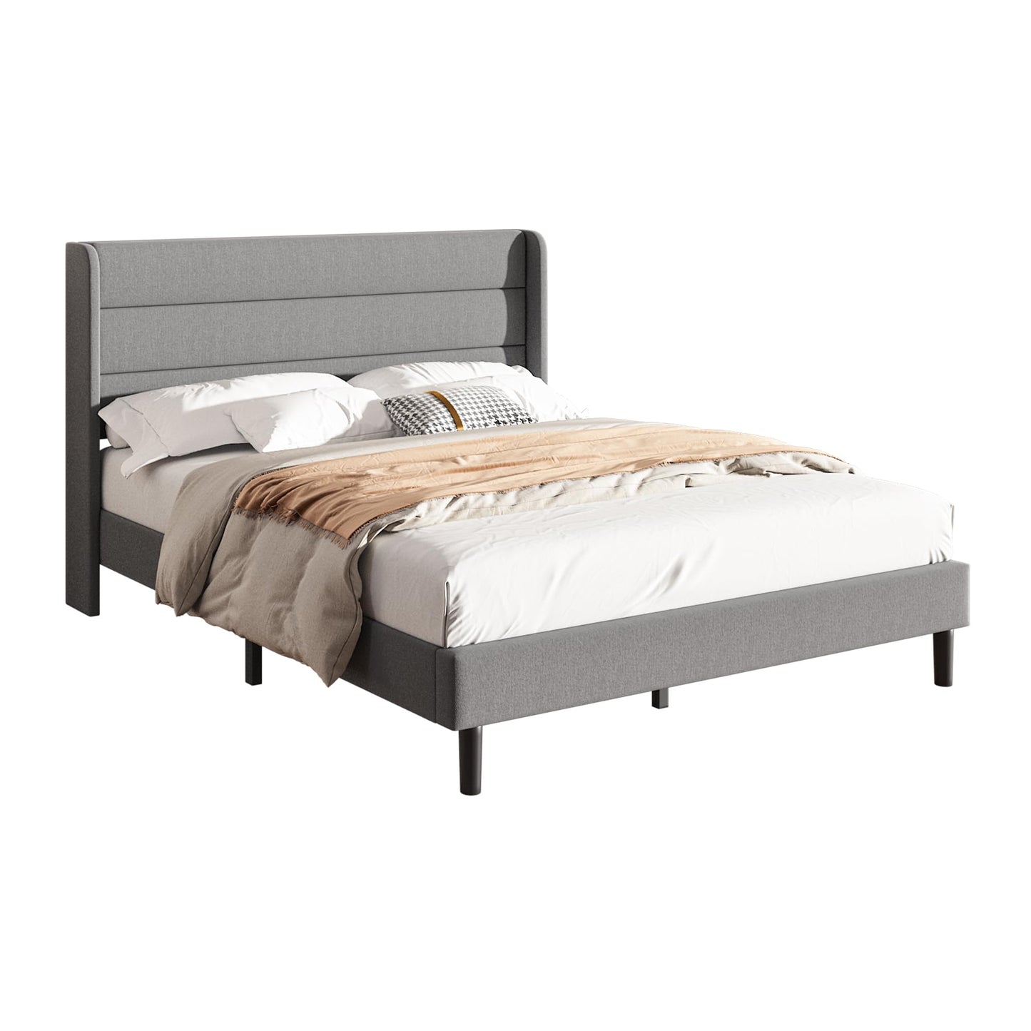 Mxhtcewz Full Size Upholstered Platform Bed Frame, Modern Linen Fabric Bed with Wingback Headboard, Sturdy No Wobble, Noise-Free & Easy Assembly, No Box Spring Needed, Gray