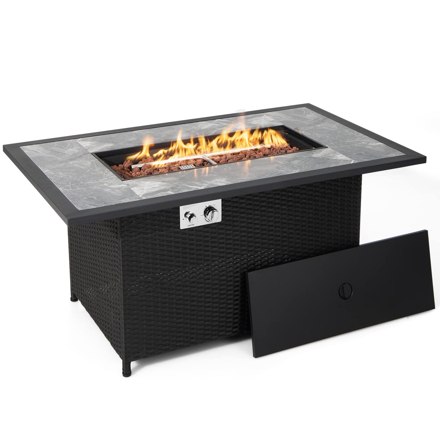 COSTWAY 52" Patio Propane Fire Pit Table, 50,000 BTU Outdoor Fire Table, Electric Pulse Ignition, Marble Tabletop & Weatherproof Rattan, Protective Cover Included, Perfect for Backyard, Poolside