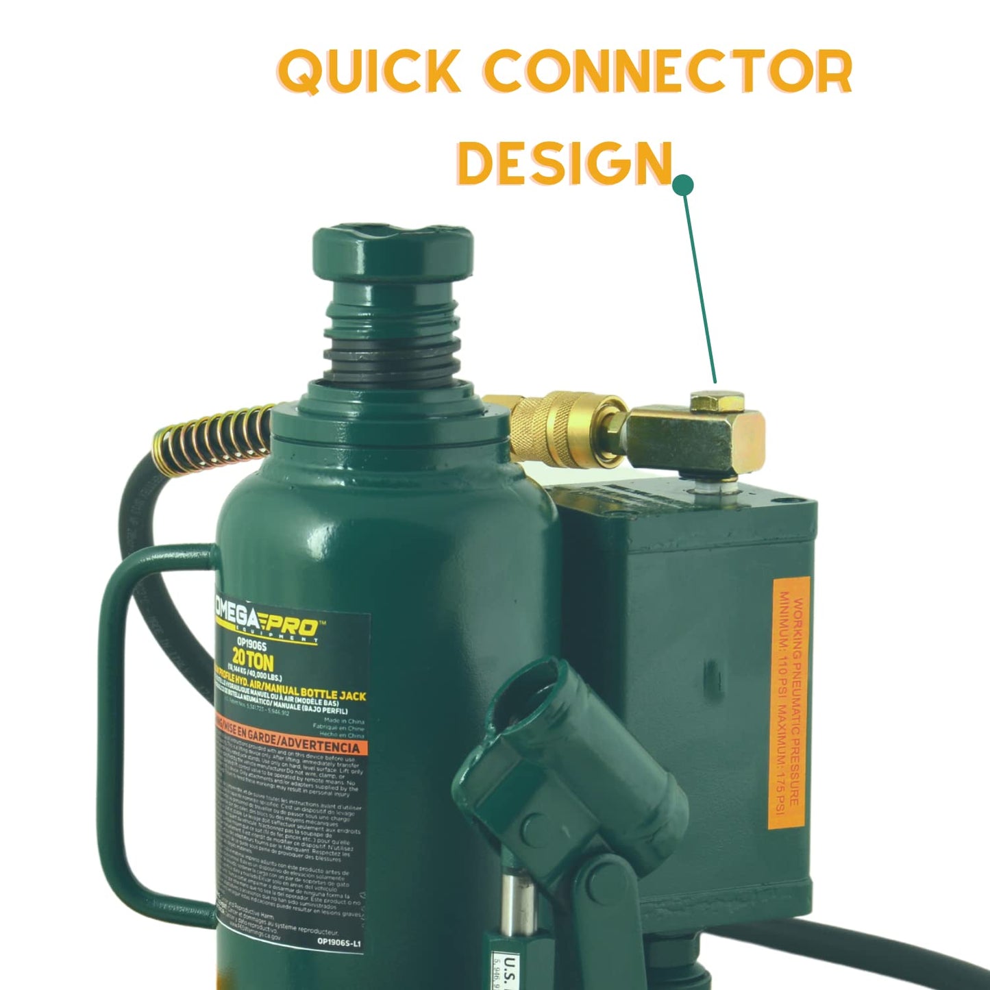Omega Pro Air Hydraulic Bottle Jack - Low Profile with Manual Hand Pump for Heavy Duty Auto Truck Repair - 20 Ton Capacity, Green (OP1906S)