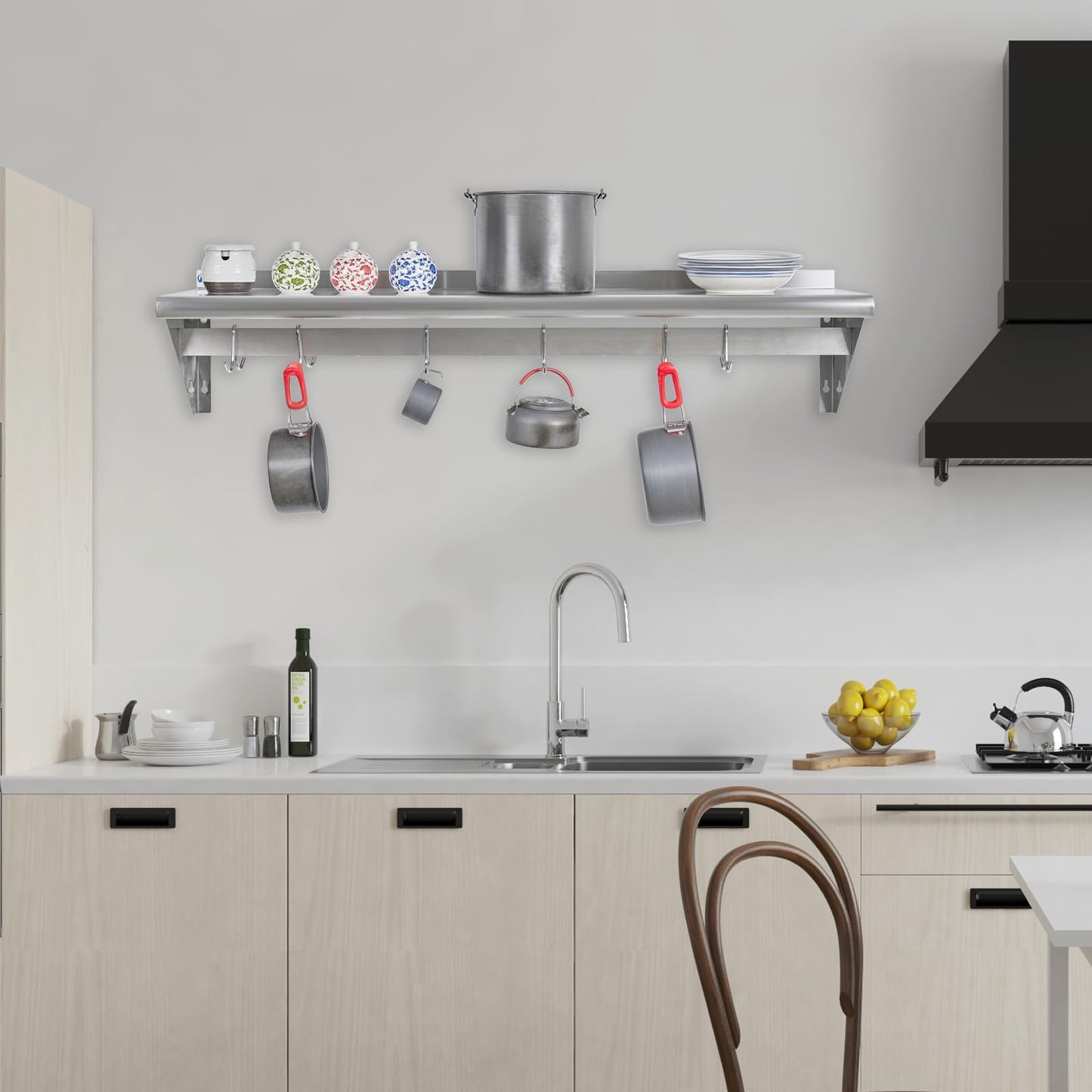 Hally Stainless Steel Shelf with 9 Hooks 18" x 72" Wall Mounted Pot Rack 500lb, NSF Commercial Floating Shelving for Storage Hanging Pots, Pans, cookware in Restaurant, Kitchen, Home and Hotel