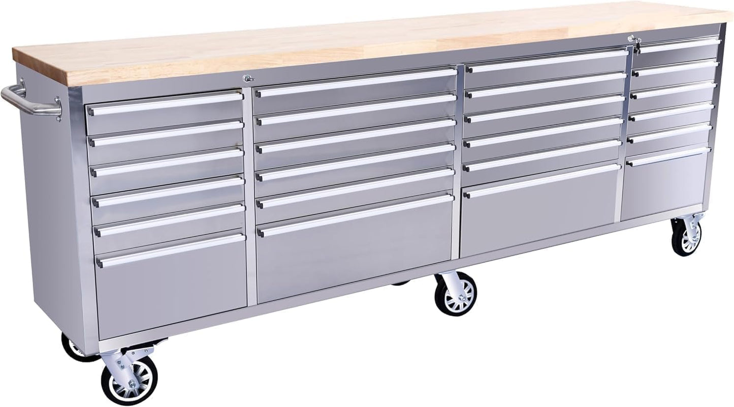 96" Rolling Tool Chest, 24 Drawers, Solid Rubber Wood Workbench Top, Locking Wheels and Key Lock, Mobile Garage Storage Cabinet, Heavy Duty Mobile Organizer for Workshop, Silver