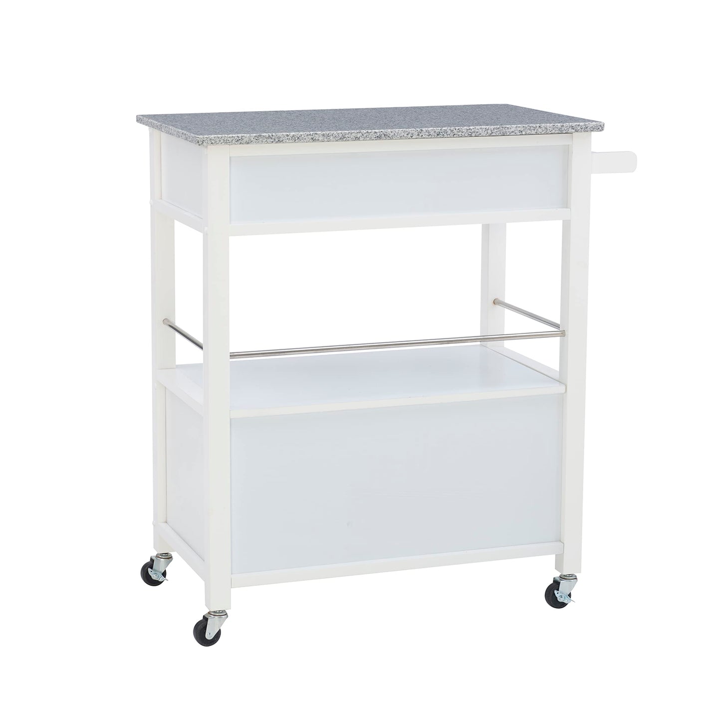 Linon Kyler White Granite Topped Kitchen Cart with Lockable Casters and Hidden Storage Spaces