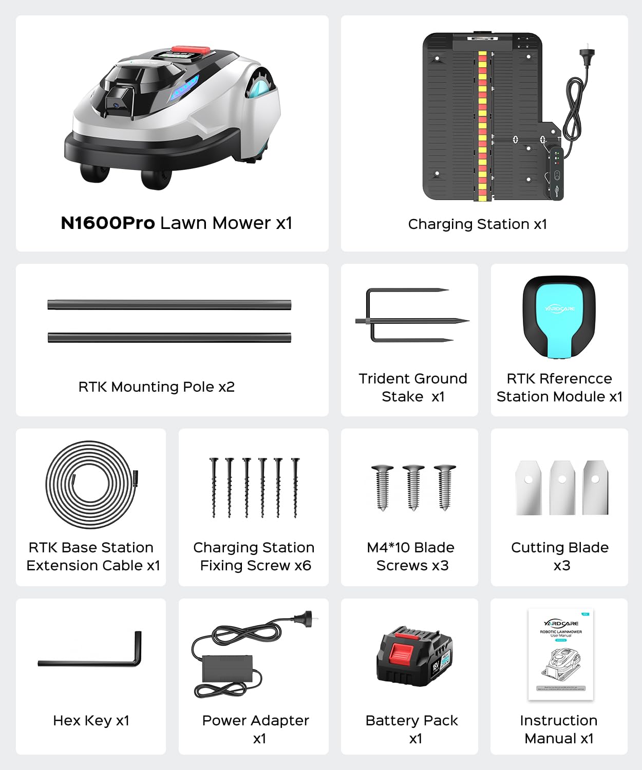 YARDCARE N1600 PRO Robot Lawn Mower, Wireless Design with RTK+Vision Navigation, 0.4 Acre Coverage, APP Smart Control Robot Lawn Mower, Multi-Zone Mowing, Curved Path, Adjustable Cutting Height