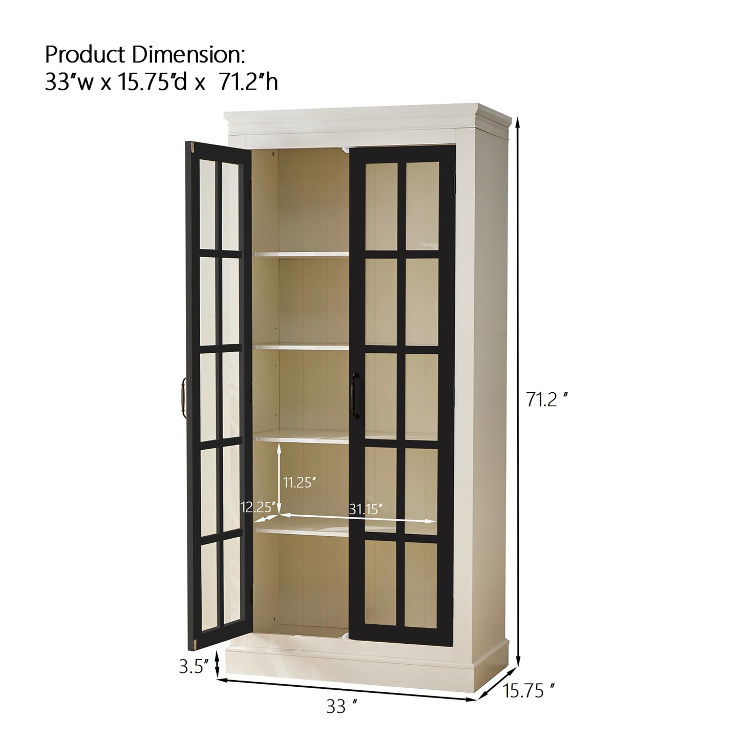 Merax 71.2" Tall Display Cabinet with Glass Doors,Rustic Style China Cabinet,Curio Cabinet for Collectibles Figures Trophies for Hallways Living Room, Kitchen, Home, Studio or Workspace,White & Black