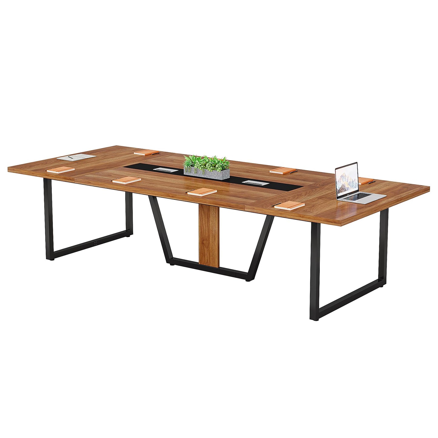 LITTLE TREE 8FT Conference Table for 10 People, Large Meeting Table, Modern Conference Room Tables with Cable Management, Training Tables with Strong Metal Legs for Office, Brown