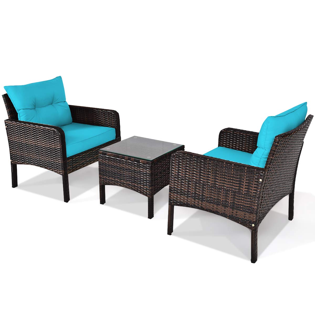 Tangkula 3 Piece Wicker Chairs with Glass Top Coffee Table, Thick Cushions, All Weather Garden Lawn Poolside Backyard Porch Outdoor Patio Furniture Set for 2 (Turquoise)