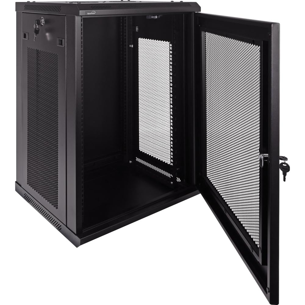 NavePoint 15U Server Rack Enclosure - 17.7” Deep, Wall Mount Network Cabinet with Locking Perforated Door, 19” IT Equipment Compatible, Network Rack, Removable Side Panels, Black