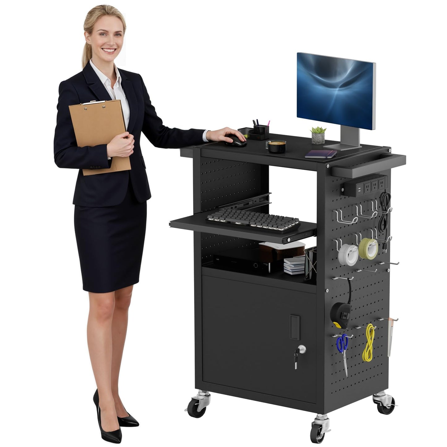 Jasdego Mobile AV Cart - Heavy Duty Computer Cart with Cabinet, Rolling Media Cart with 4 Outlets & Pullout Keyboard Tray, Lock Brake Wheels Mobile Computer Workstation, Customized Pegboard & Hooks