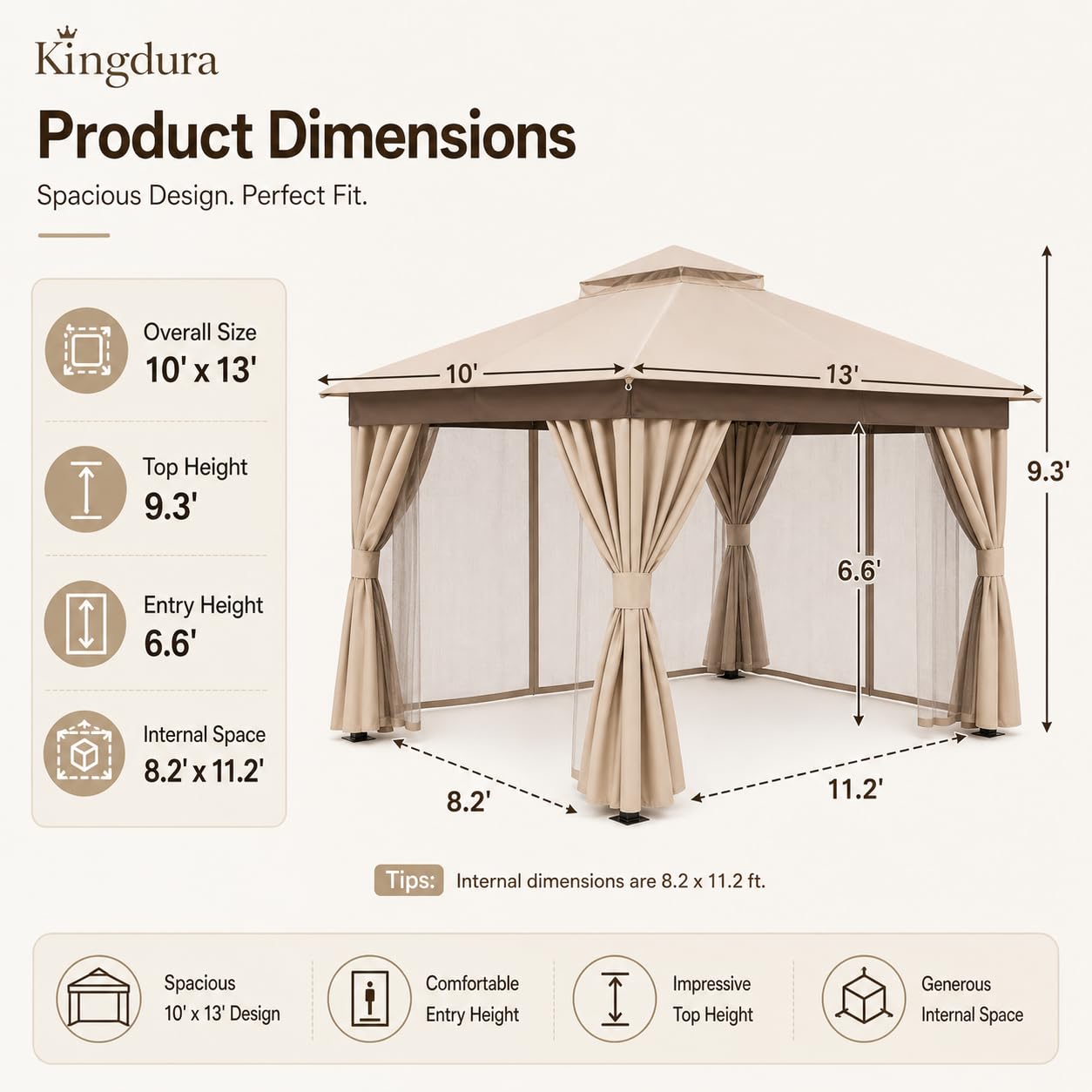Kingdura 10'x13' Outdoor Gazebo, Heavy Duty Metal Patio Canopy Tent Shelter with Double Roof, Mosquito Netting & Privacy Curtains for Backyard, Garden, Deck, Lawn, Khaki
