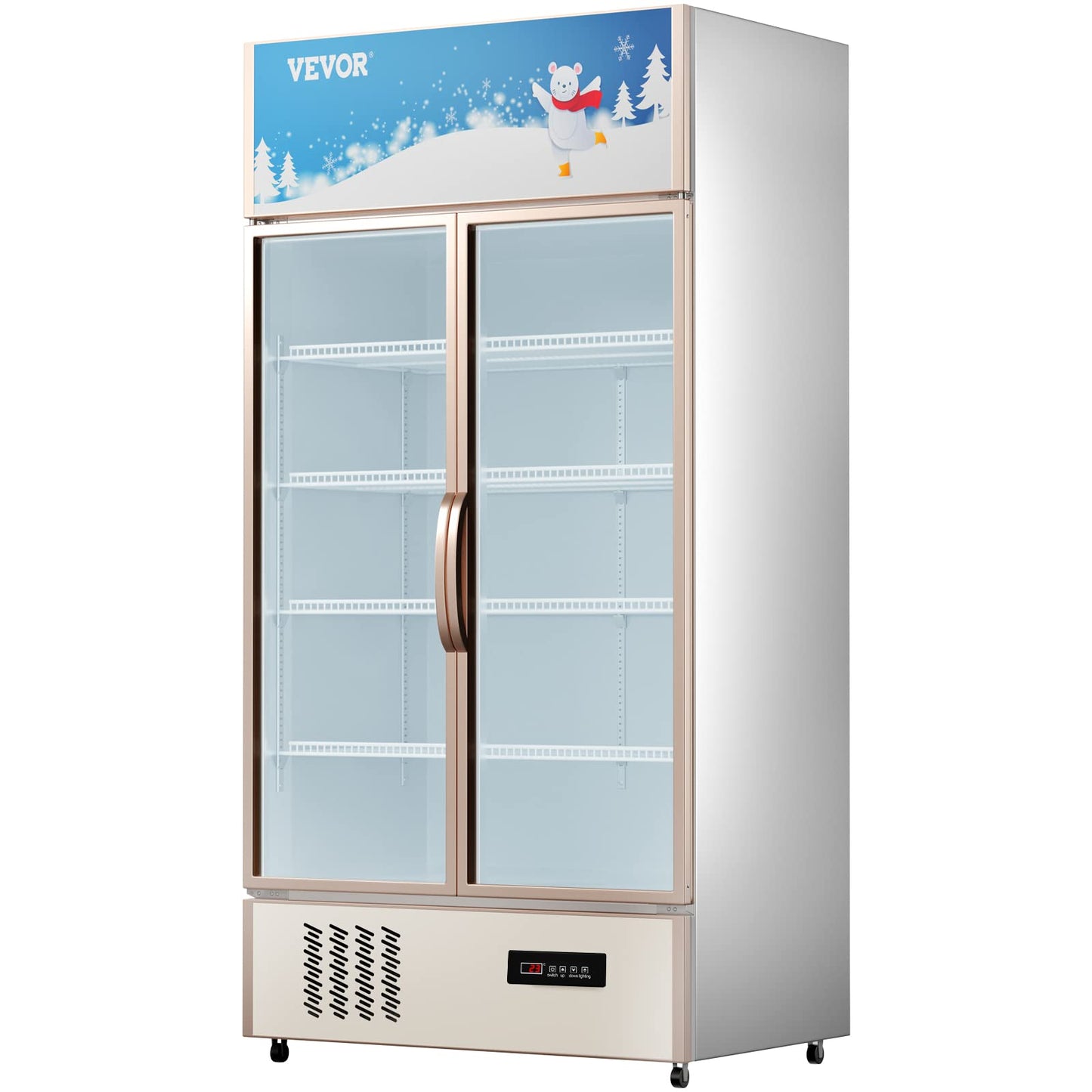 VEVOR Commercial Merchandiser Refrigerator 2 Glass Doors, 23 Cubic Ft, Upright Display Beverage Cooler 79" Tall x 39.4" Width, Fridge with LED Lighting for Drink Wine Soda, Gold