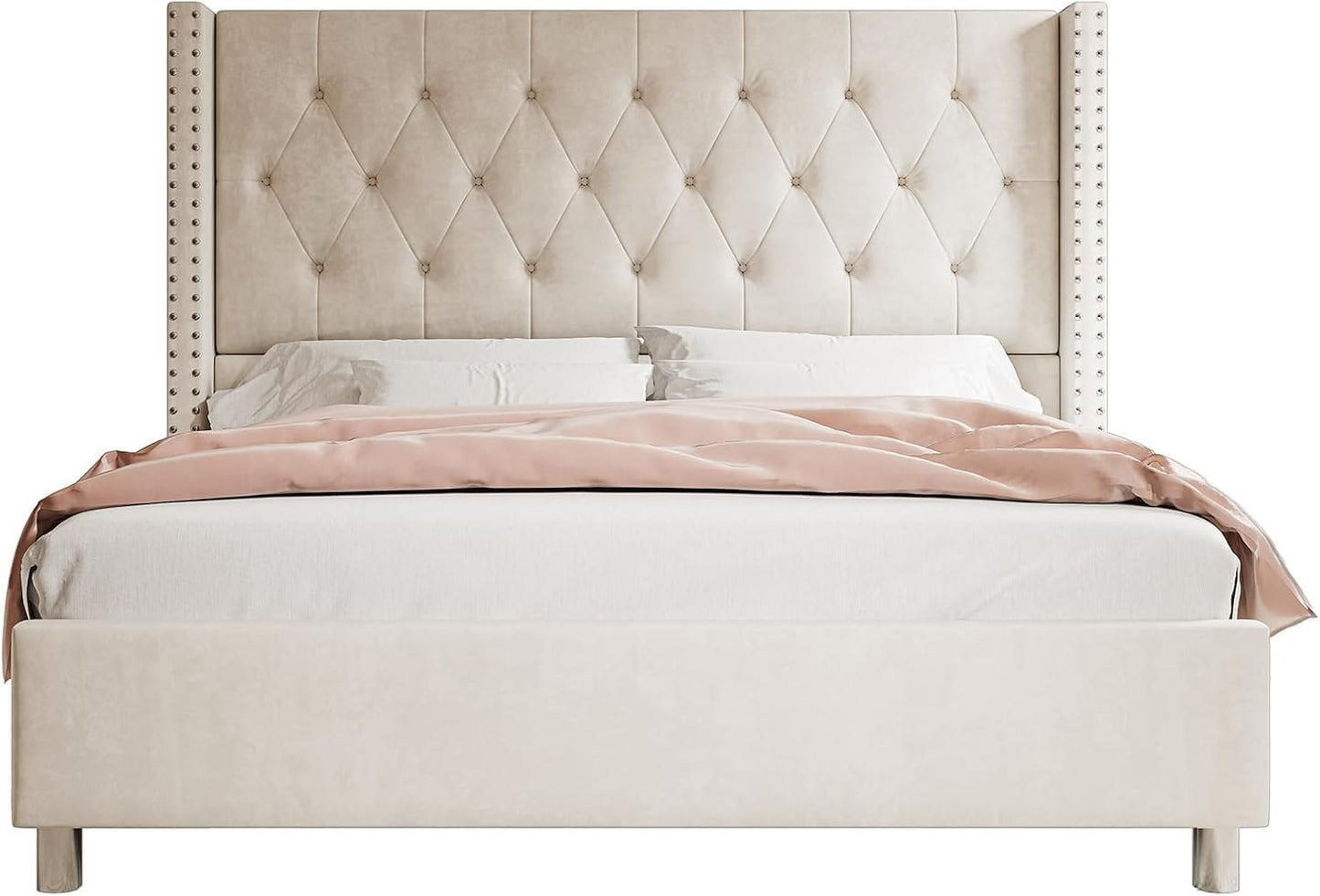Jocisland Queen Bed Frame Upholstered Bed Wingback Headboard Velvet Tufted Diamond Button/No Box Spring Needed/Easy Assembly/Cream