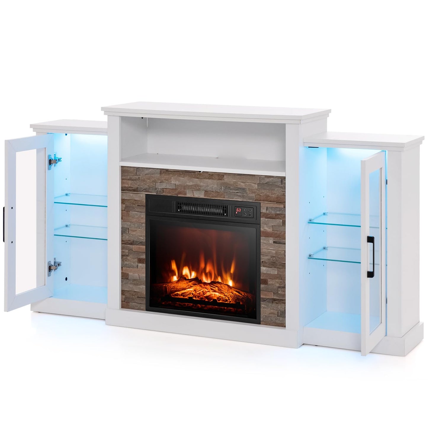 Tangkula Electric Fireplace TV Stand, Electric Fireplace Mantel with 16-Color Led Lights, Adjustable Glass Shelves, Remote & Smart APP Control, TV Console for Living Room