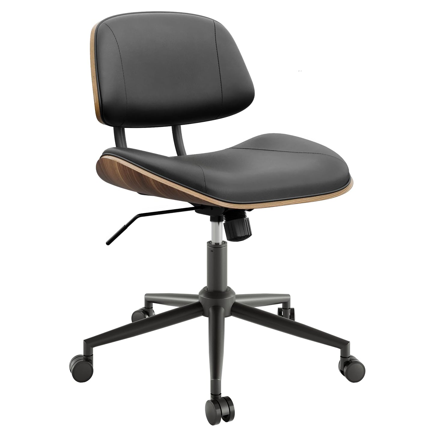 BERYTH Armless Office Chair with Wheels, PU Leather Adjustable Height Desk Chair - 360° Swivel Ergonomic Computer Chair for Small Space, Modern Walnut Style, Home & Meeting Room, Black