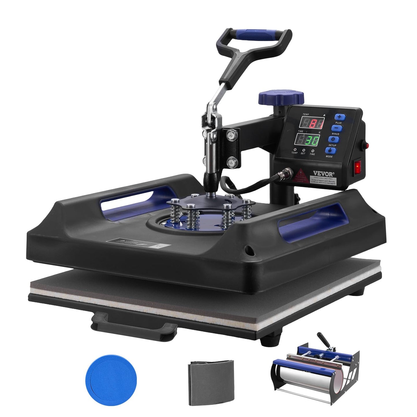 VEVOR 5 in 1 Heat Press Machine, Heat Transfer Machine with 30 oz Tumbler Press, 15 x 15 inch, 360° Swing Away T-Shirt Pressing, Fast Even Heating, for T-Shirts/Mugs/Plates/Hats, Black+Blue