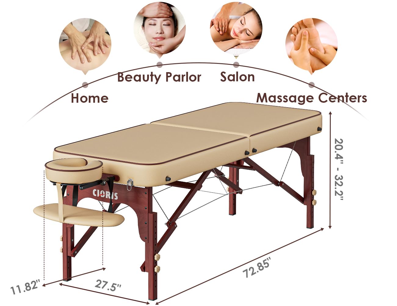 CLORIS 84" Professional Massage Table Portable Reinforced Wooden Leg Hold Up to 1100LBS 2 Folding Lightweight Spa Solon Tattoo Massage Bed Height Adjustable with Carrying Bag